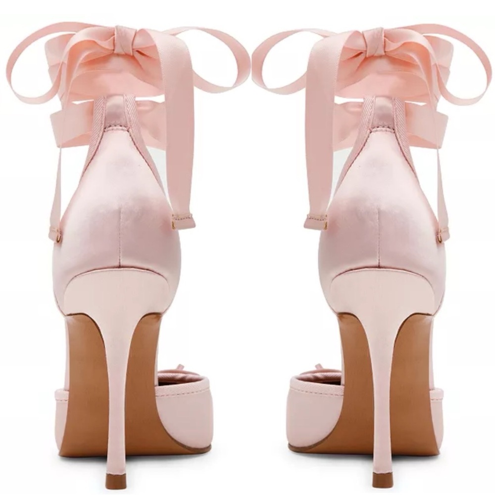STEVE MADDEN Larina Ballerina Pink Silk Satin Pointe Toe Ankle Tie Stiletto Heel - Picture 4 of 14